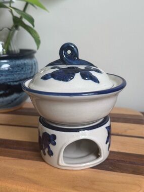 Vintage Blue Glaze Pottery Tealight Candle Warmer Wax Oil Potpourri Delft Style